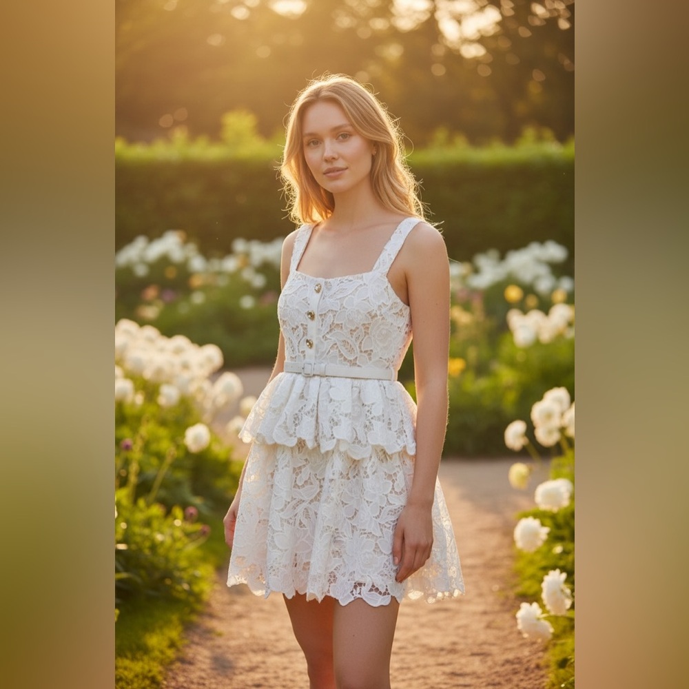 White Lace Tiered Mini Dress NWT
